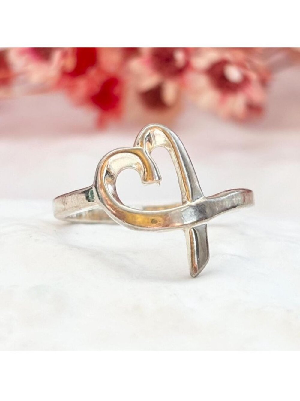 Heart Shaped Bypass Shank Polished Sterling Silver 925 Vintage Ring - sz 7.75